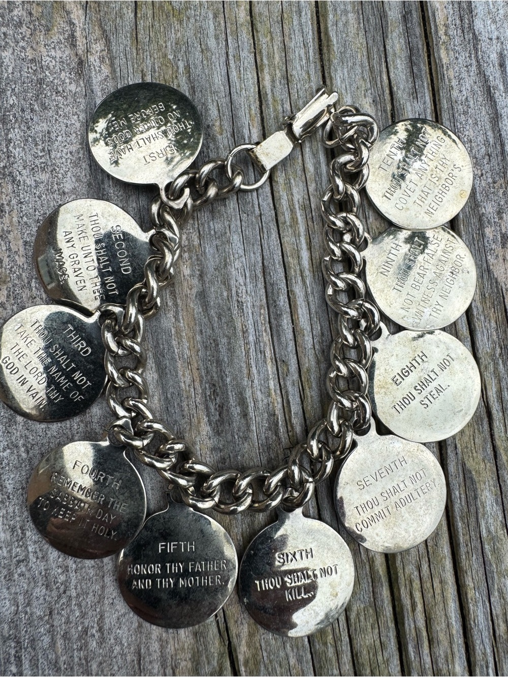 Vintage 10 Commandments Silver Tone Disc Charm Bracelet 7” Religious Christian